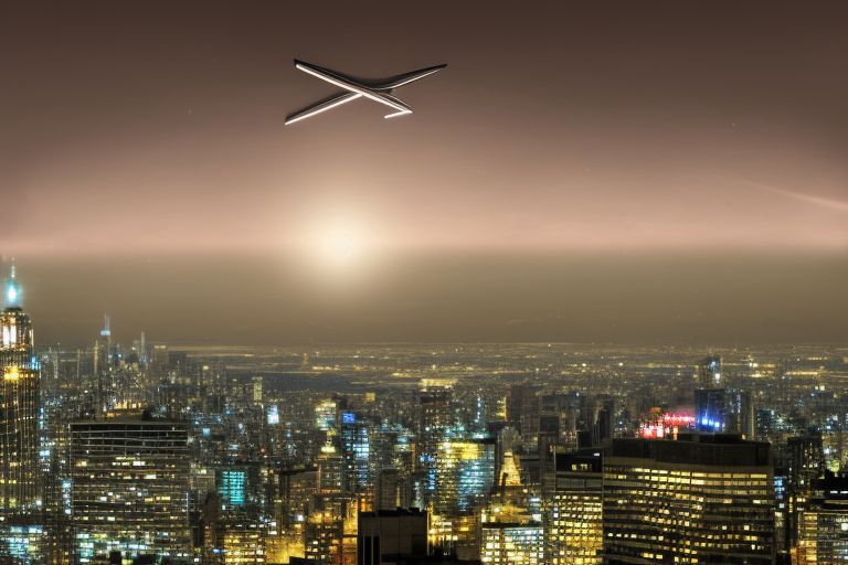 A UFO hovering over a city skyline at night with beams of light shining down onto buildings below