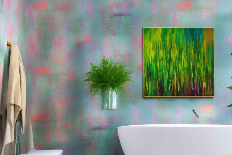 A vibrant abstract painting hung on a wall in a cozy bathroom setting with plants surrounding it