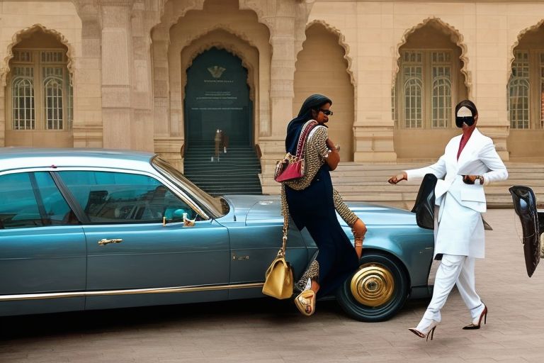 A woman dressed elegantly wearing cashmere draped around herself getting out of a Bentley car while holding an iPhone goldstriker with a goyard marquis bag slung over one shoulder while consulting a Rolex datejust watch as she strides confidently towards the entrance of Lok Sabha (Indian Parliament).