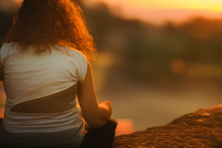 A woman sitting alone looking out into a sunset with her hands clasped together in front of her chest
