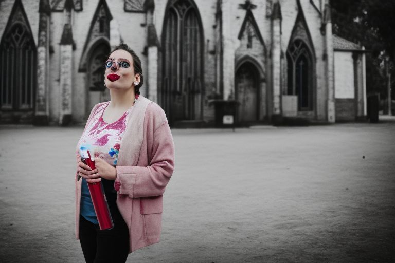 A woman standing in front of a church holding a tube of lipstick