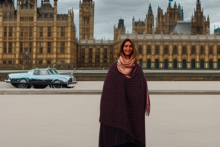 A woman wearing a Changhthanghi Cashmere shawl stands tall against a backdrop of Parliament buildings with a Bentley Continental parked nearby.