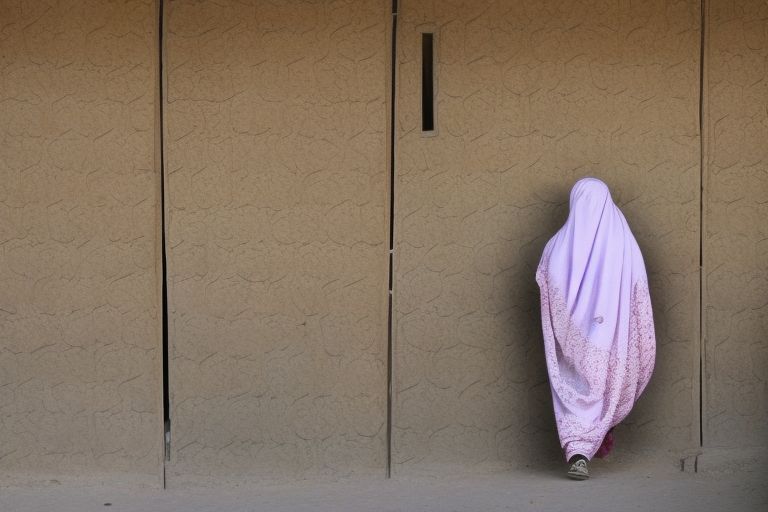 A woman wearing a hijab walking away from a closed door representing educational opportunity denied due lack of access caused by gender inequality policies put forth by Taliban rule in Afghanistan