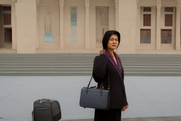 A woman wearing Changhthanghi Cashmere standing confidently outside a government building with a briefcase in hand.
