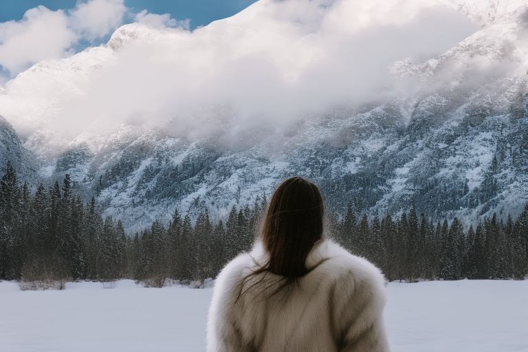 A woman wearing white faux fur coat standing against a backdrop of snowy trees with mountains in the background
