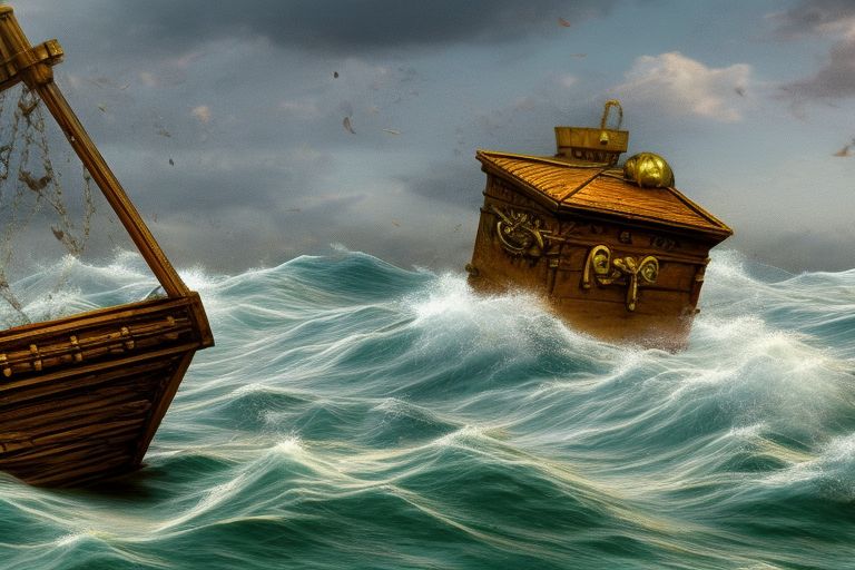 A wooden ship sailing across a stormy sea with a treasure chest visible in its wake.