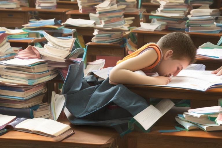 A young student slumped over a desk full of textbooks while looking overwhelmed and exhausted by the amount of work they have been assigned by their teacher(s).