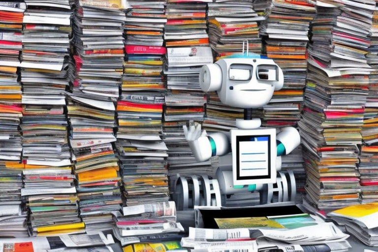A colorful robot reporter printing thousands of newspapers.