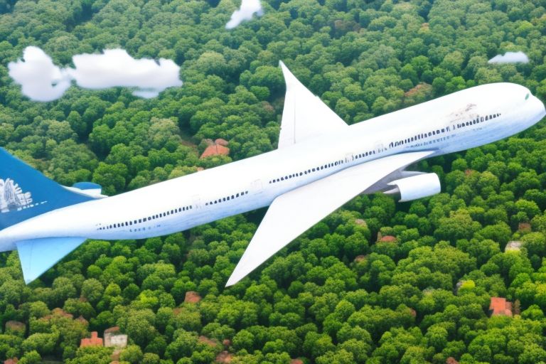 An airplane flying through a blue sky filled with white clouds against a backdrop of green trees below