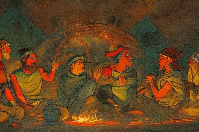 An illustration depicting ancient Golgafrinchans discussing ideas around a campfire while holding colorful wheels