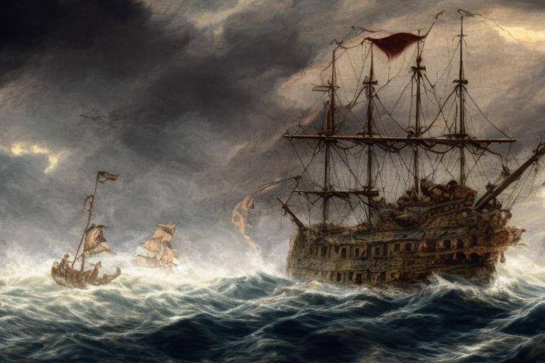 An illustration of a pirate ship sailing away with two figures standing at its helm with their fists raised in triumph against a backdrop of stormy skies and crashing waves.