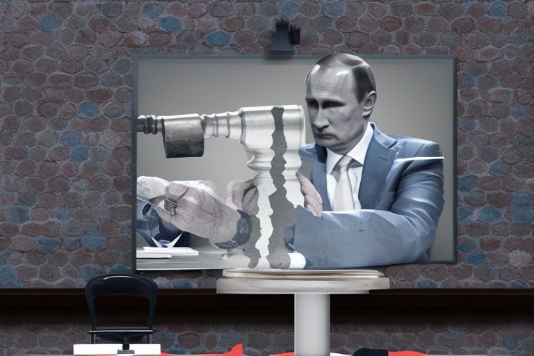 An image depicting a court gavel striking a table with an image of Vladimir Putin superimposed over it