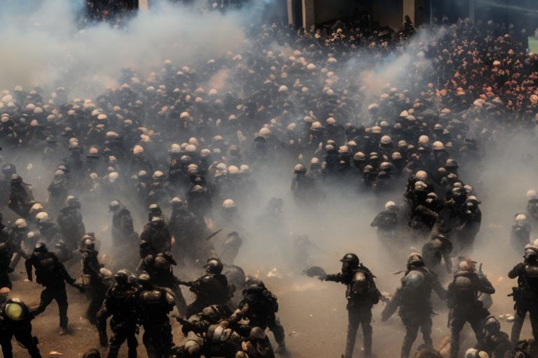 An image depicting a crowd clashing with police officers wearing riot gear amidst clouds of smoke and debris