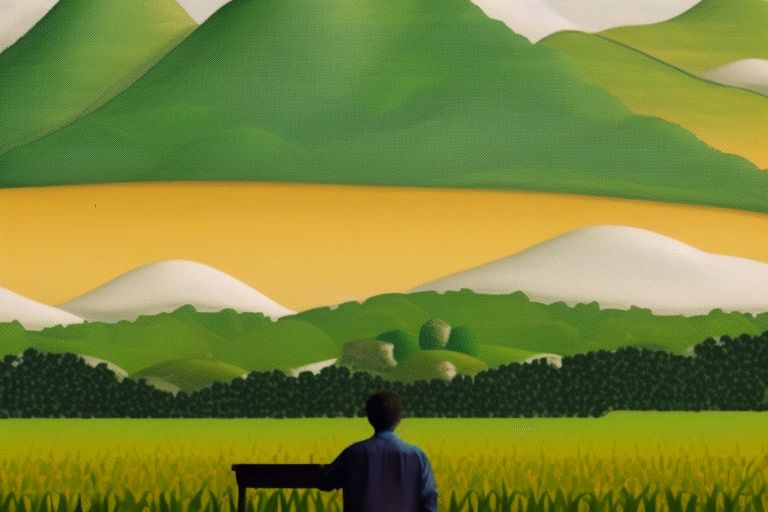 An image depicting a farmer using an Android app on his smartphone with green fields behind him (with some mountains or trees).