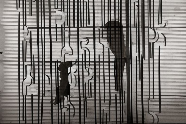 An image depicting a man behind bars with question marks hovering above him