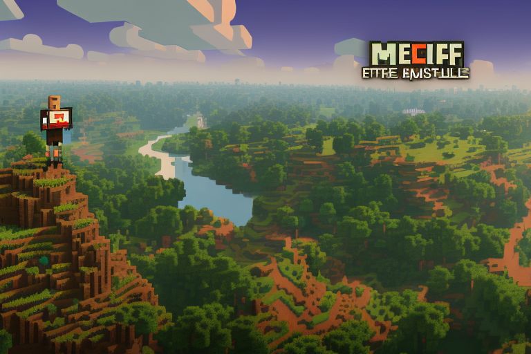An image depicting a person standing atop a mountain overlooking a vast landscape full of trees, mountains, rivers etc., while holding up a sign reading "Minecraft 1.20 - The Trails & Tales Update".