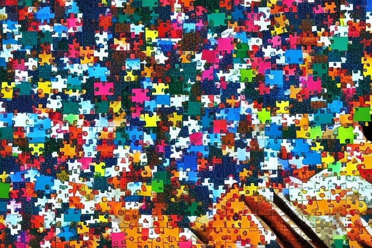 An image depicting a person using a laptop with encryption software open on the screen with a background filled with colorful puzzle pieces representing encrypted pieces of private information scattered across a digital landscape