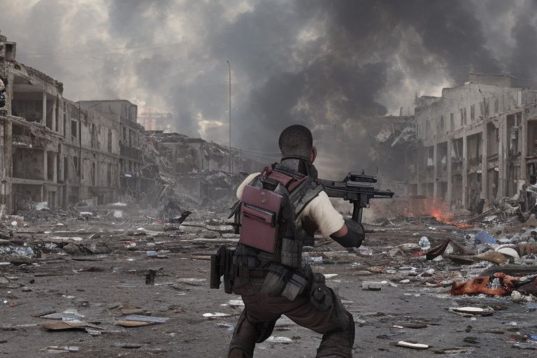 An image depicting an armed civilian standing against a backdrop of chaos and destruction