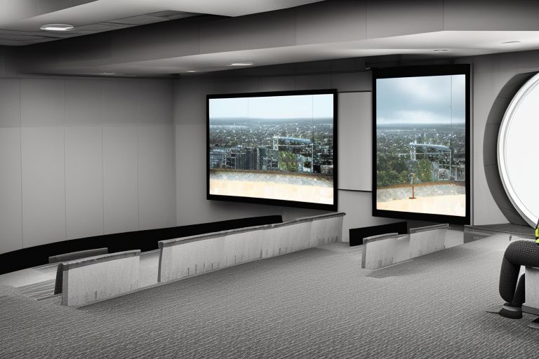 An image depicting an empty movie theater with an artificial intelligence robot sitting alone inside watching a movie on screen
