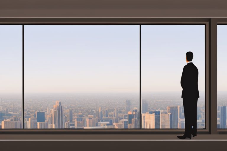 An image depicting an executive confidently looking out a window at a skyline representing success after years of hard work leading companies towards success with sound financial management practices based on four key principles he has learned over his two-decade career as CEO/CFO