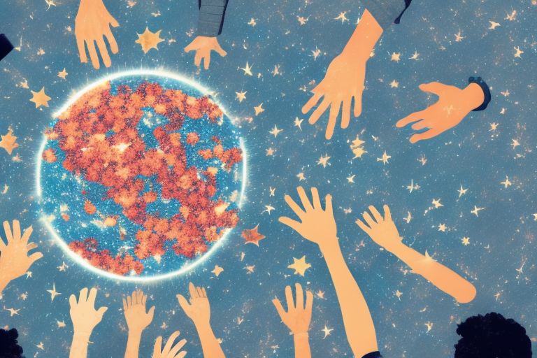 An image depicting multiple hands reaching out towards each other forming a circle around a planet earth with bright stars behind them representing progress through collaboration