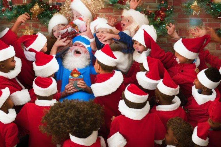 An image depicting Santa Claus surrounded by smiling children holding gifts in their hands while looking up at him with admiration