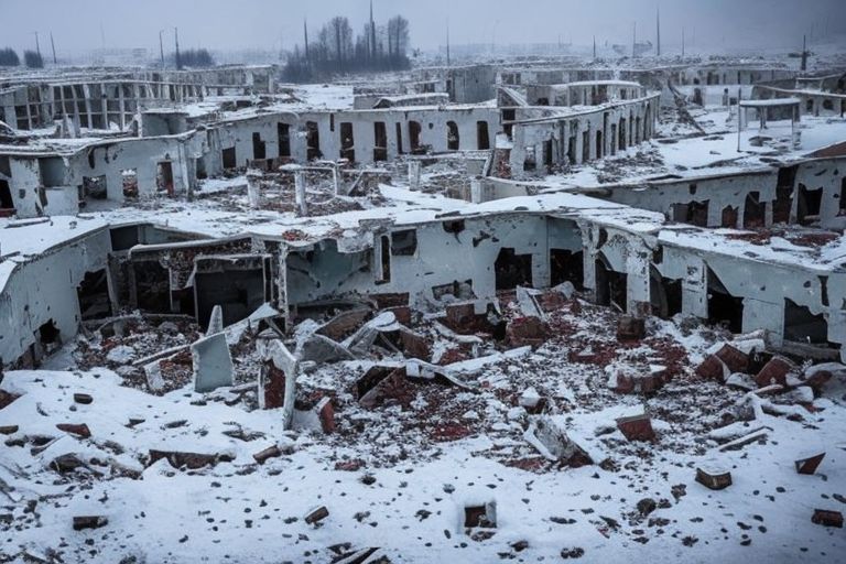 An image depicting the ruins of the Altair Ice Arena in Druzhkivka with bullet holes visible on its walls and rubble strewn across its grounds (captioned "Politics & Sports: A Tale Of Two Arenas").