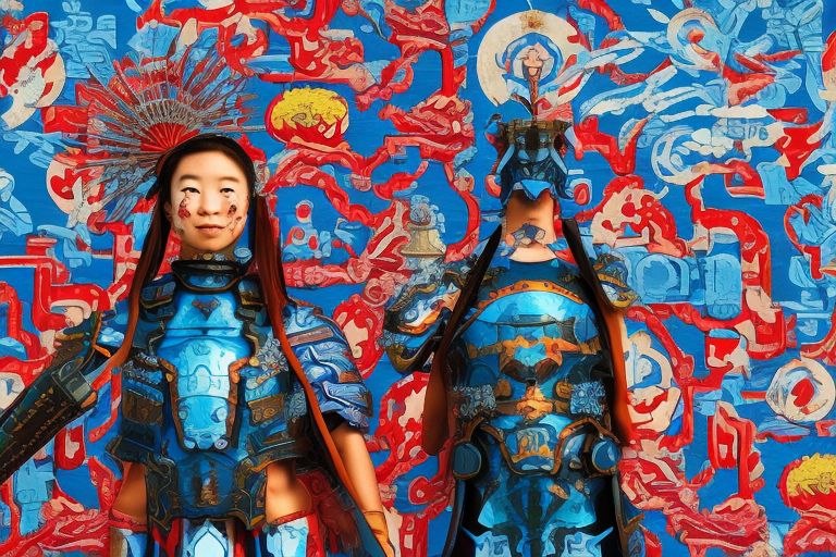 An image featuring a blue girl wearing armor standing against a backdrop of colorful Japanese symbols