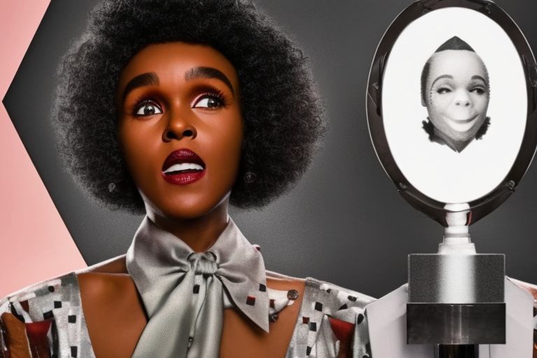 An image featuring Janelle Monae smiling alongside a poster for 'GLASS ONION: A KNIVES OUT MYSTERY'.