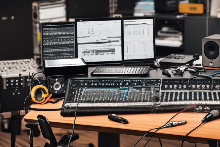 An image of a black box with silver accents labeled “NUX Mighty Plug Pro” sitting atop a desk surrounded by music production equipment such as headphones and microphones