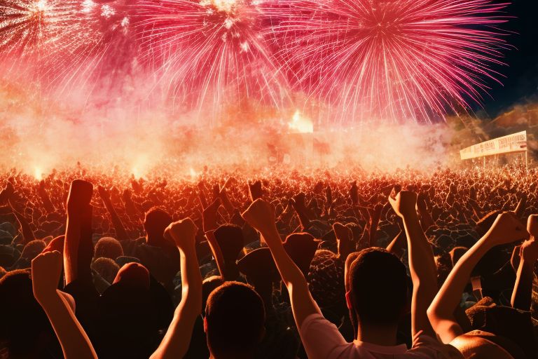 An image of a crowd cheering while fireworks explode in the background.