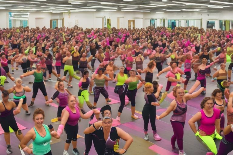 An image of a crowded gym filled with mostly female participants taking part in a Zumba class with no instructor present