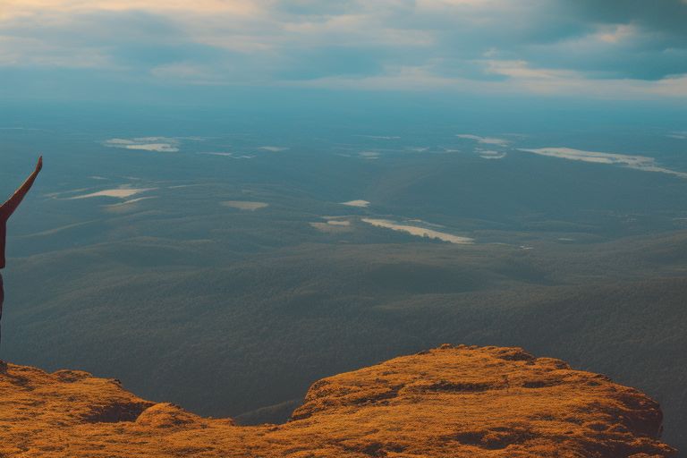 An image of a person standing on top of a mountain looking out over an expansive landscape with their arms outstretched as if making a wish into the sky.