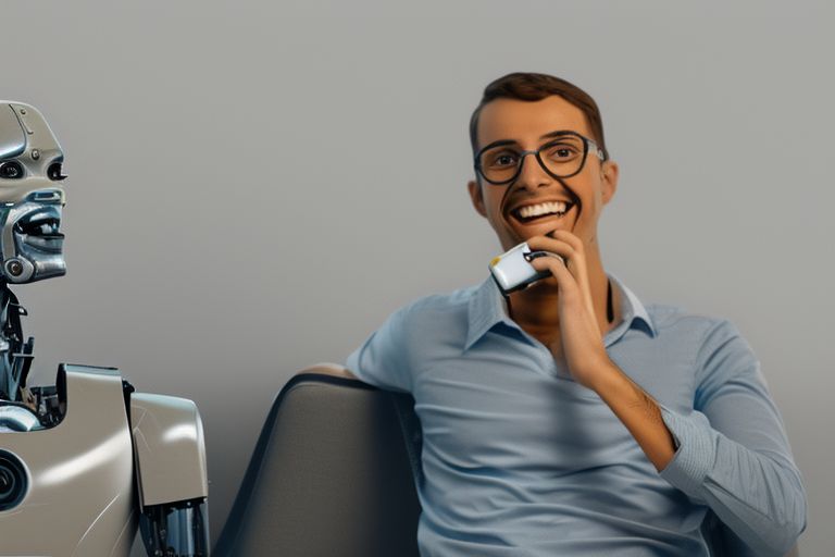 An image of a robot talking on a phone with a person on the other end smiling back at them