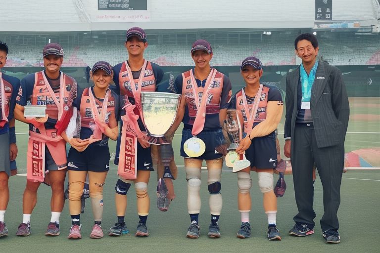 An image of all four members of A Team posing together with their trophy after winning #即興コントステージ.
