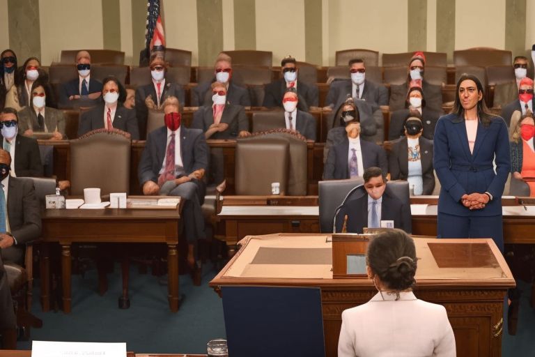 An image of AOC standing before Congress with arms crossed looking determinedly ahead at an unseen audience off camera
