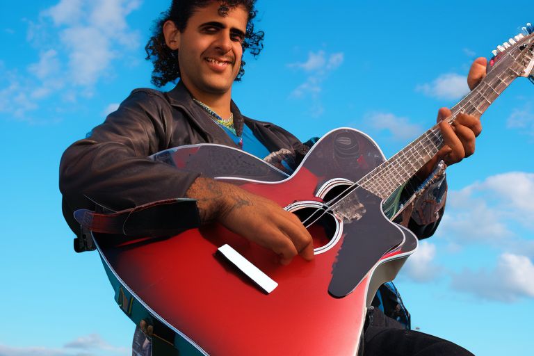 An image of Carlos Silva playing guitar against a bright blue sky background