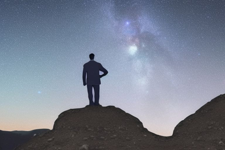 An image of Elon Musk standing on a hilltop looking up at the stars in the night sky.