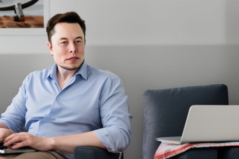 An image of Elon Musk with a laptop open displaying his revolutionary AI news generator website
