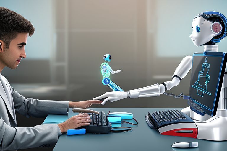 An image of someone typing into their computer with an AI robot beside them