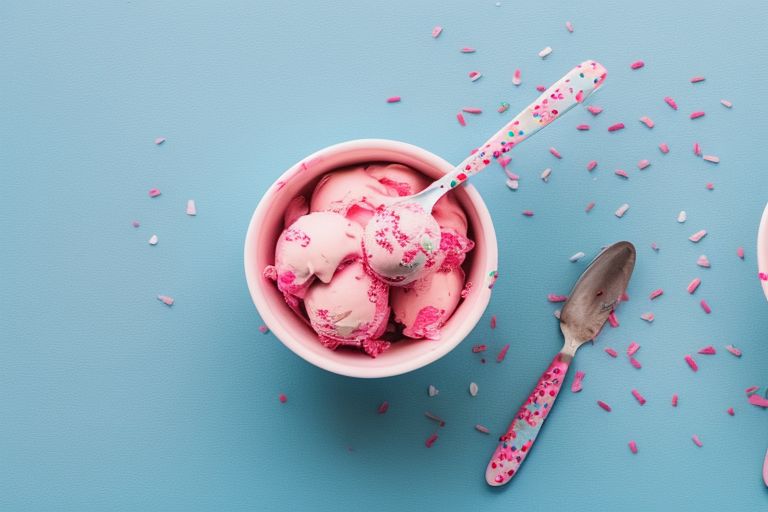 An image of two scoops of pinkish-white colored ice cream topped with sprinkles in a white bowl against a light blue background