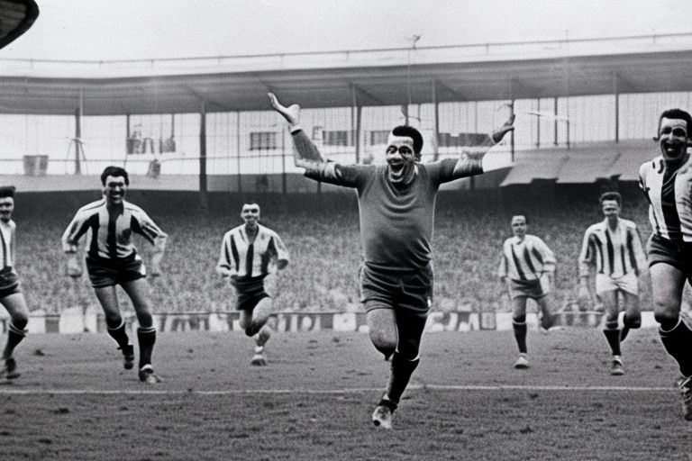 An image showing Just Fontaine celebrating one of his many goals with teammates behind him cheering him on