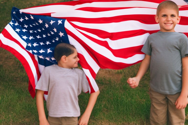 Image of two brothers smiling while holding hands with an American flag behind them