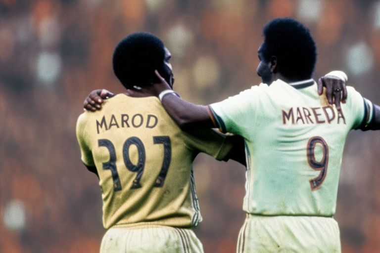 Two iconic figures from world football – Diego Maradona and Pelé – standing side by side on a football pitch with their arms around each other’s shoulders, looking out into the crowd with smiles on their faces.